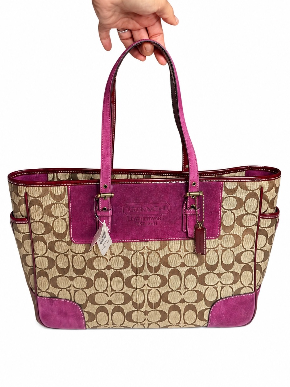NWT Coach Signature Jacquard Tote Bag Khaki & Plum Suede Trim w Hang Tag + Cards